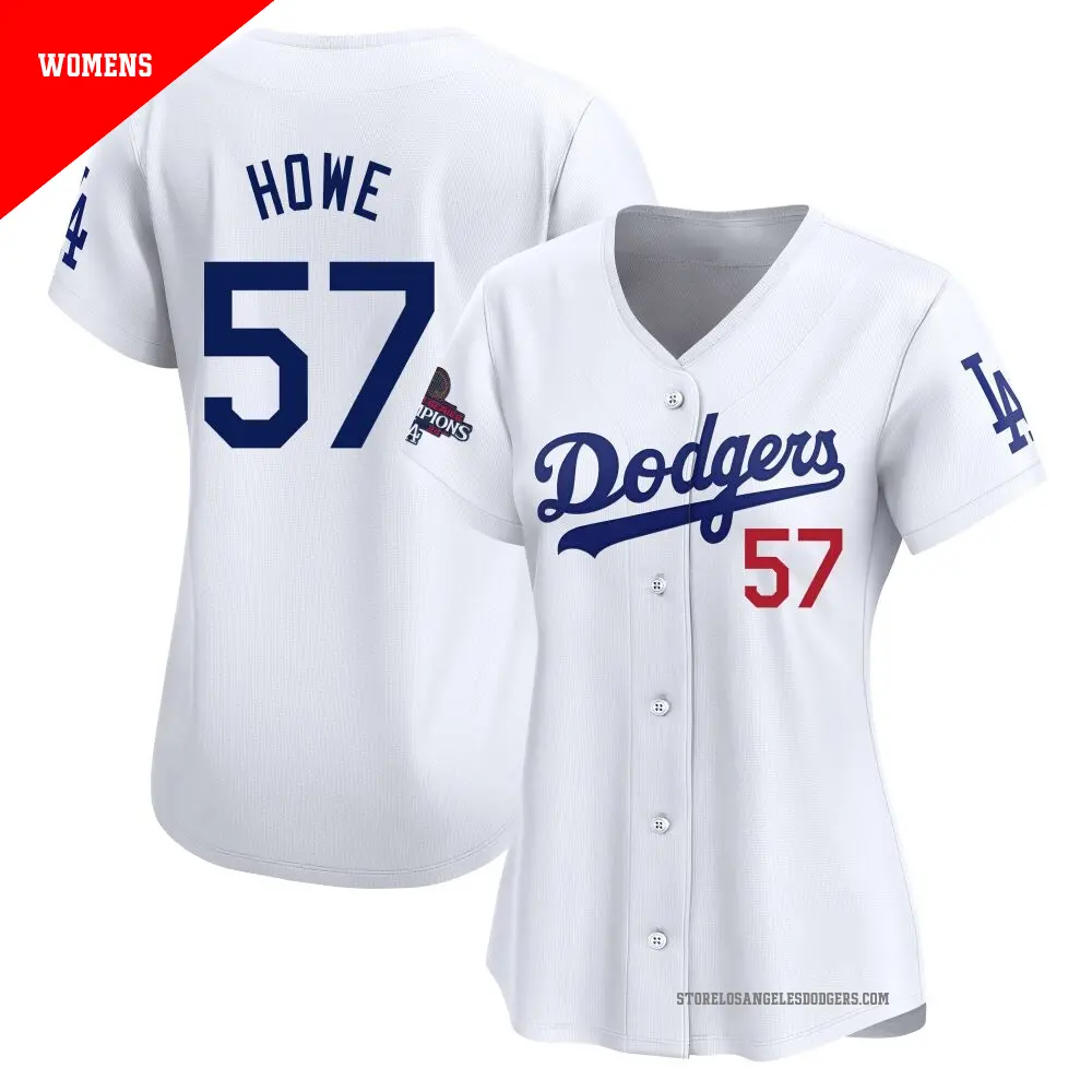 Women's ＃57 Steve Howe Los Angeles Dodgers White Limited Home 2024 World Series Champions Jersey