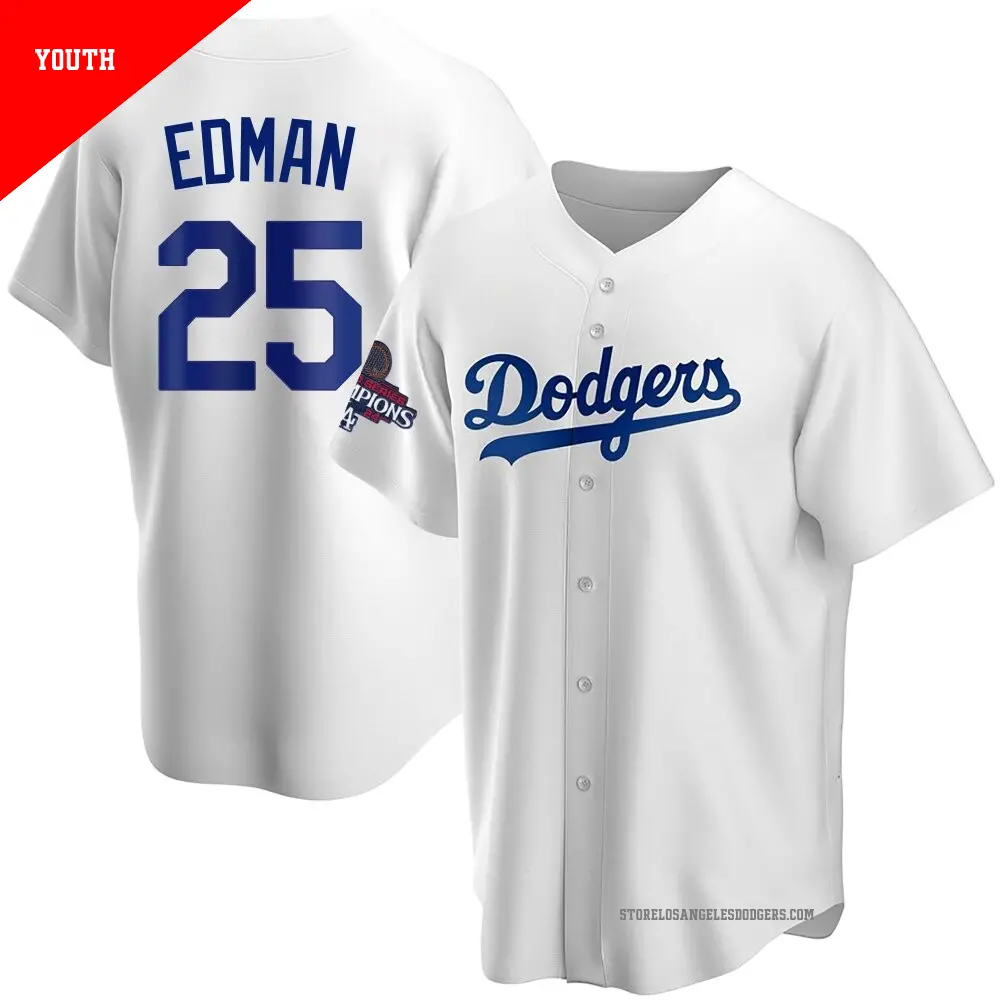 Youth ＃25 Tommy Edman Los Angeles Dodgers White Replica Home 2024 World Series Champions Jersey